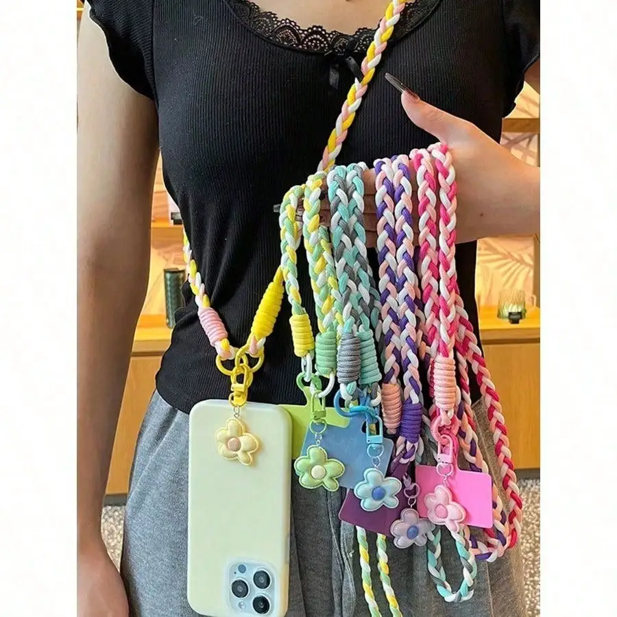 

1Pc New Candy Color Flower Phone Lanyard Dopamine-style woven strap, convertible for crossbody & wrist use. Unisex, multi-functional for phone, keychain and bag decoration.