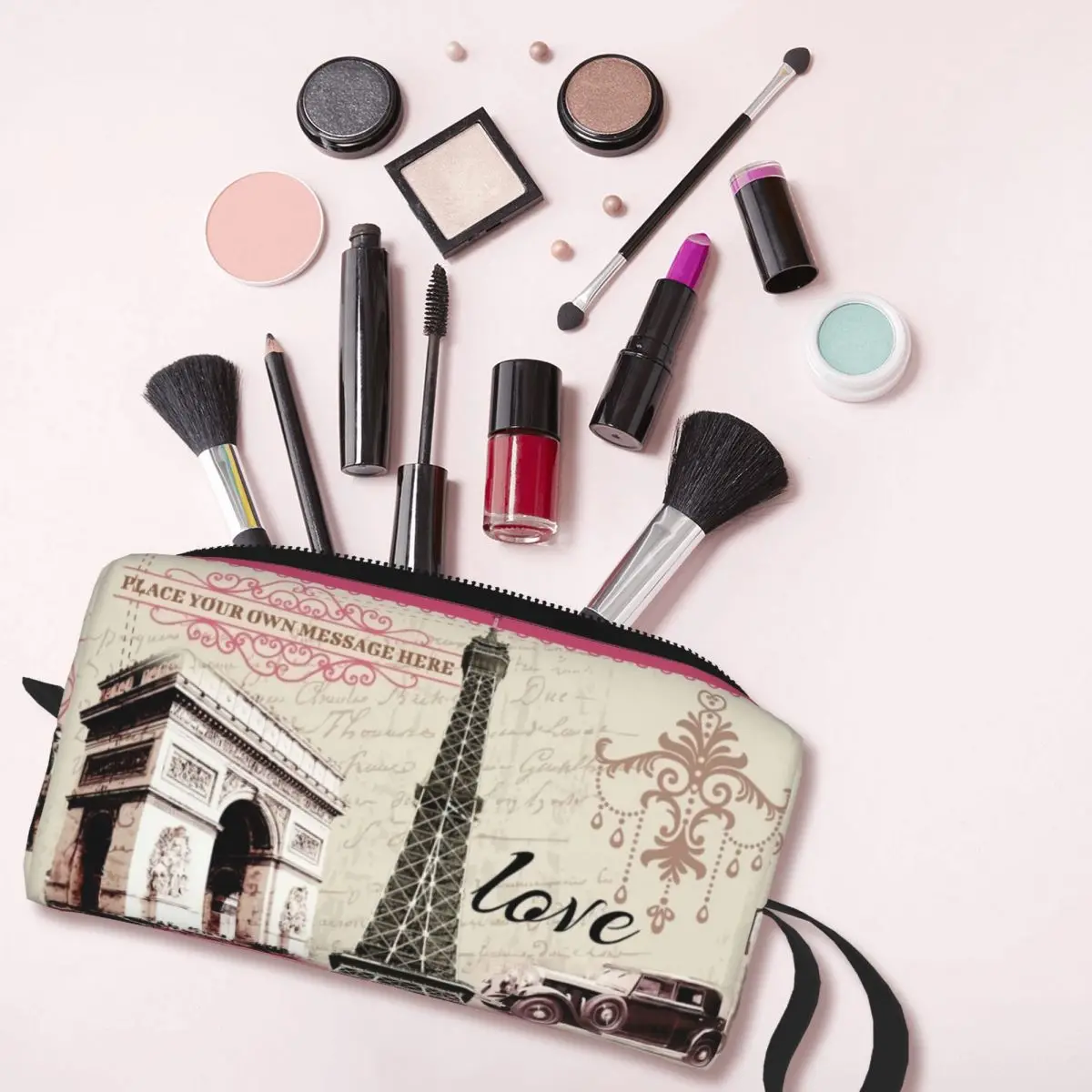 Custom Vintage France Paris Eiffel Tower Travel Cosmetic Bag Women Flower Pink Toiletry Makeup Ladies Beauty Storage Dopp Kit