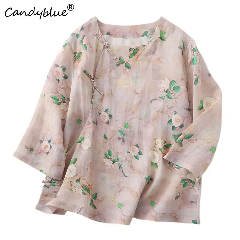 Camisa rosa das mulheres 2023 verão novo design sentir botão de disco curto estilo chinês topo casual elegante camisa selo roupas femininas