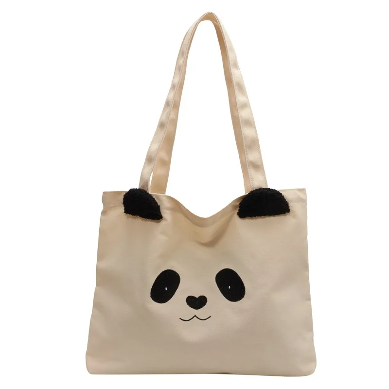 Simple Tote Bag Cute Panda Canvas Bag Large Capacity Casual Shoulder Bag Commuter Fashion Handbag Shopping Bag