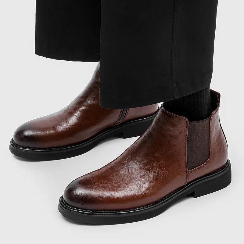 men's casual business office chelsea boots black brown slip-on shoes cowboy original leather boot breathable gentle ankle botas