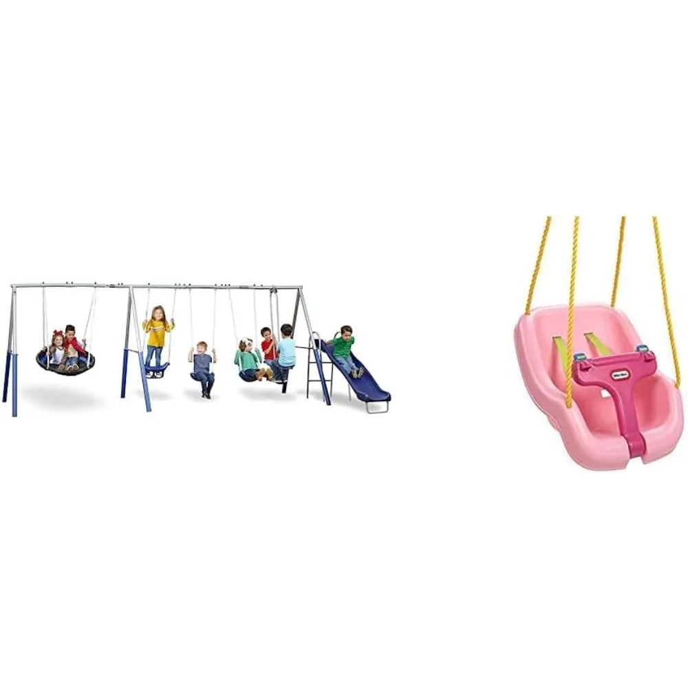 

Fun Forever Swing Set, Gray & Little Tikes Snug 'n Secure Pink Swing with Adjustable Straps, 2-in-1 for Baby