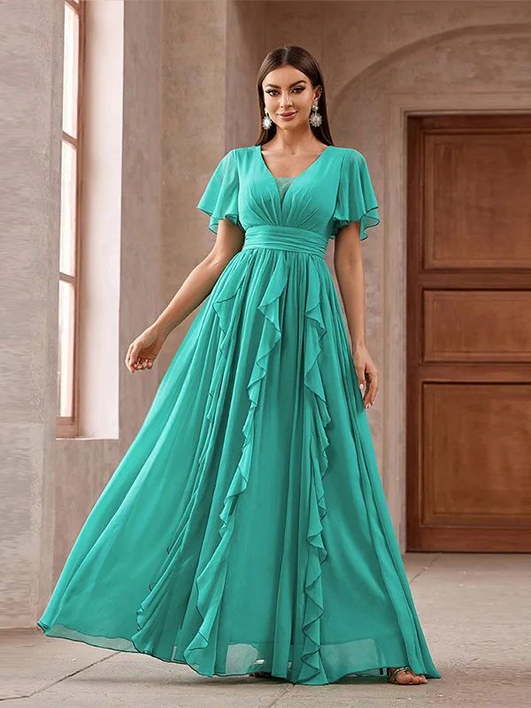 Elegancka sukienka wieczorowa z dzianiny z wysokim stanem, plisowanymi rękawami i dekoltem w serek dla kobiet, idealna na lato.