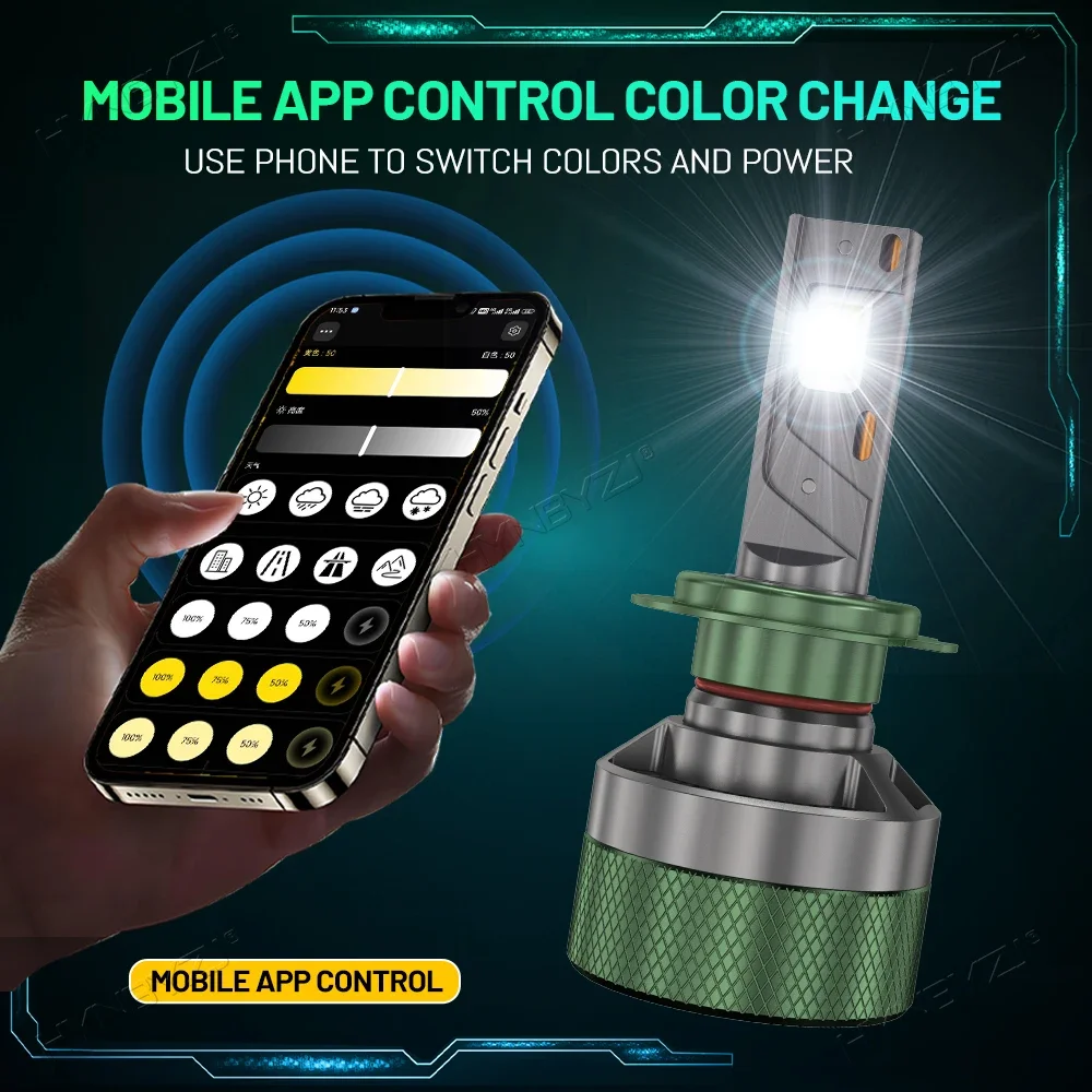 HYNBYZJ H7 LED المصباح بلوتوث APP التحكم اللون H4 LED H1 H11 HB3 HB4 9012 HB5 H13 لمبات السيارات LED أضواء للمصابيح الأمامية للسيارة