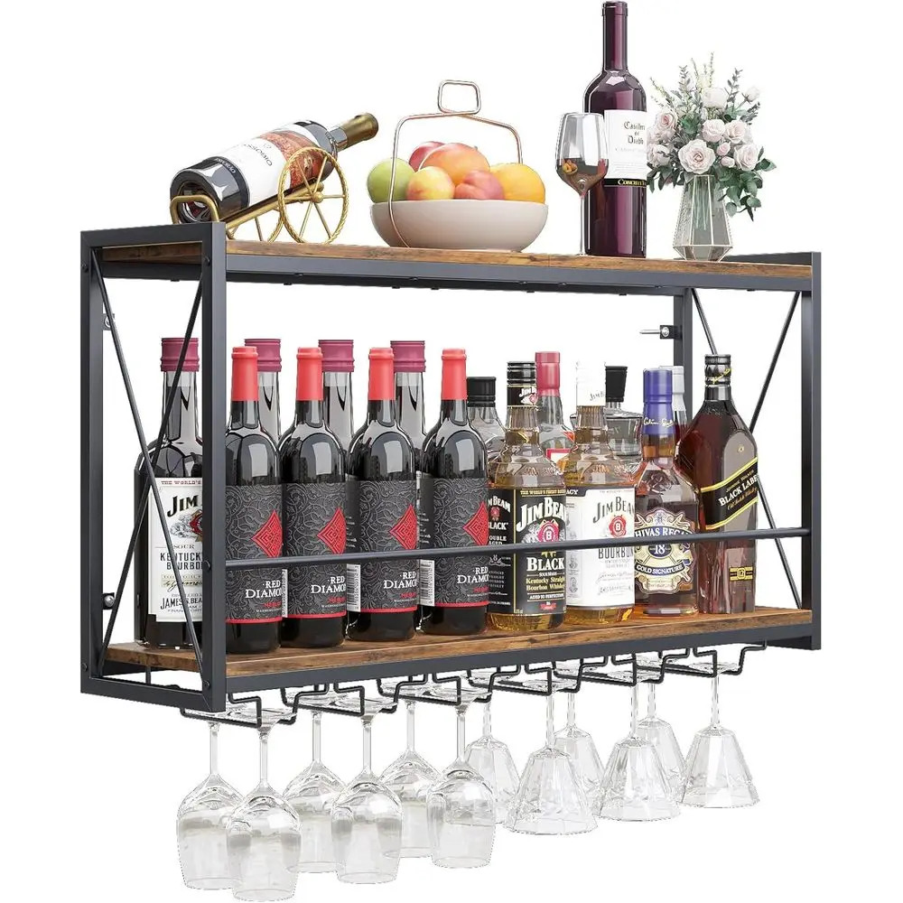 

Двухуровневая подставка для винных бутылок из дерева и металла в рустикальном стиле для кухни, столовой, домашнего бара (коричневая)