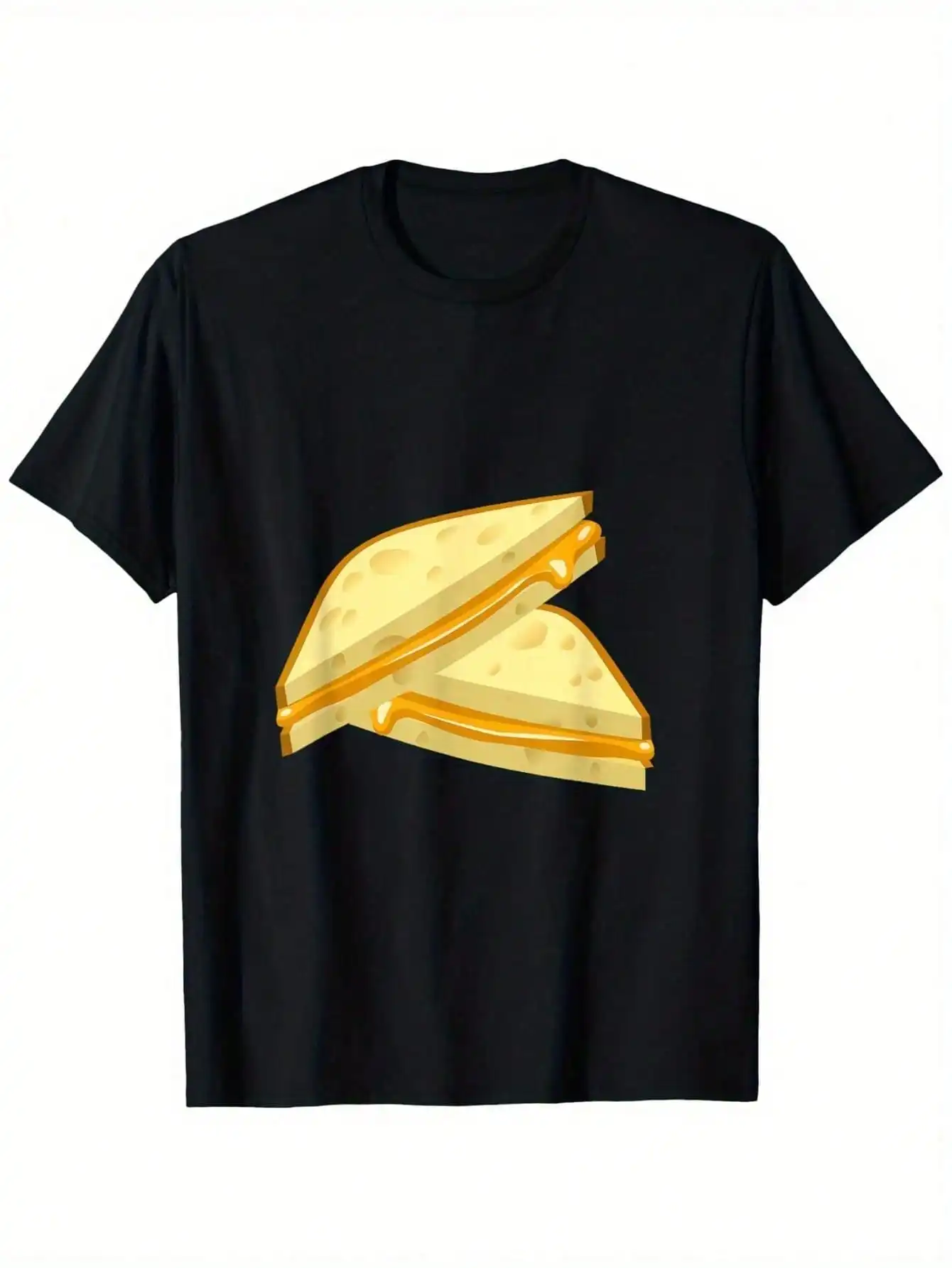 Camiseta Gráfica Divertida de Queso Asado para Hombre - Negra con Queso Fundido Amarillo - Algodón Pesado de 180 g/m² - Corte Holgado