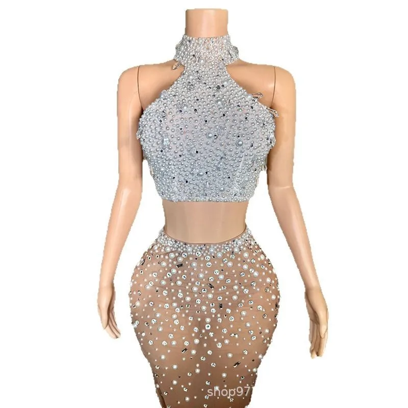 فستان فرنسي أنيق مزين باللؤلؤ الماسي عالي الشفاف لحفلات الكوكتيل وحفلات السهرة والولائم المضيفة فستان Abendkleid #1