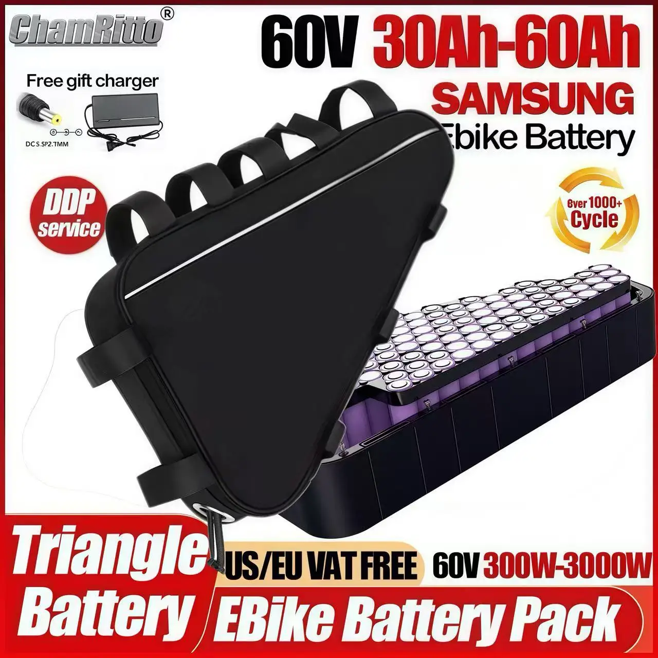 

60V 2000w Electric Bicycle Down Tube Triangle Battery 60V cham rider 30 40ah 50ah 60ah ebike lithium Battery 3000wConvertion kit