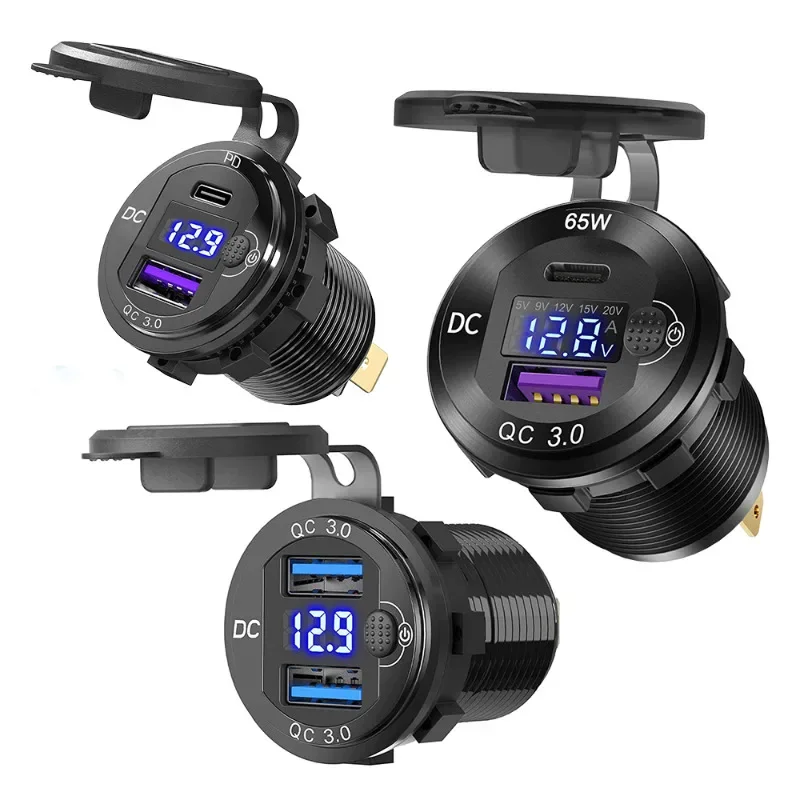 83W USB C Car Charger Socket DC Super Fast Charging Dual QC3.0 & PD with Switch LED Voltage Display for 12V/24V Car Marine ATV