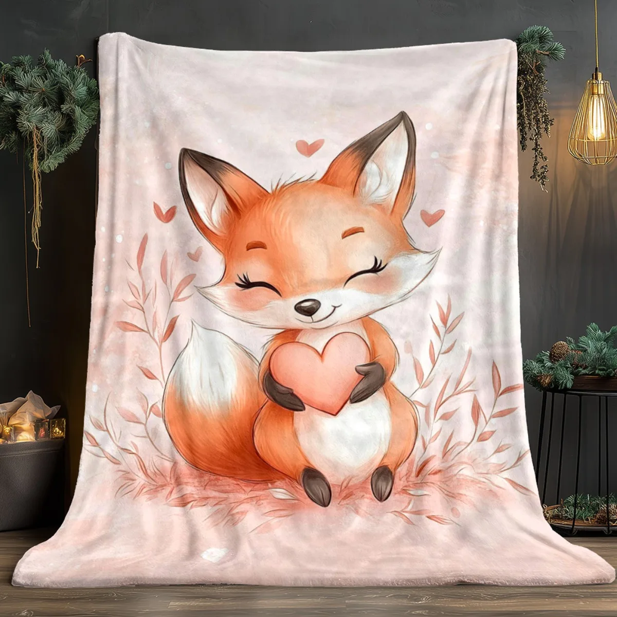 Cute Fox Heart Design Pink Throw Blanket Aesthetic Cozy Autumn Fall Bed Cover Gift for Girls Valentine Day Decor