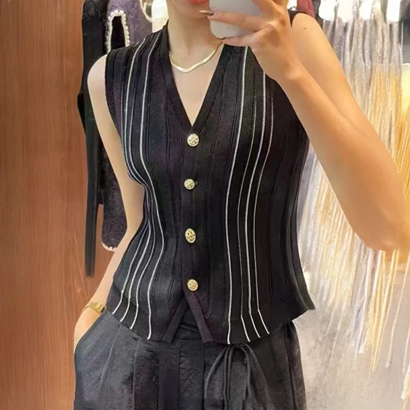 

Вязаный жилет с золотыми пуговицами для женщин, полосатая куртка без рукавов с v-образным вырезом, элегантный летний офисный женский наряд