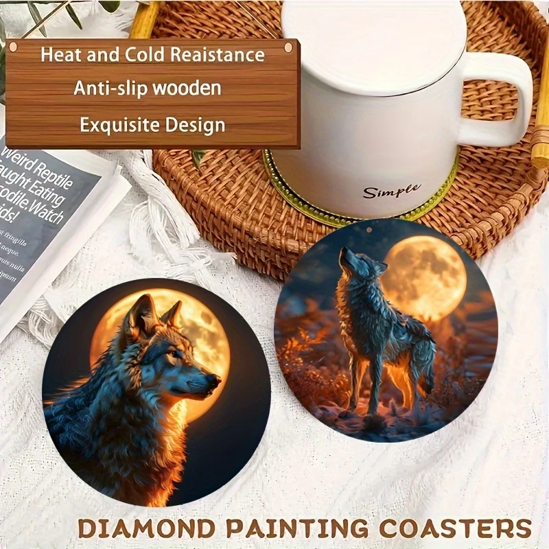6 Pieces 2D Wooden Coasters Wolf Theme Desktop Insulation Mats Home Decor Coffee Mug Coasters For Office Restaurant