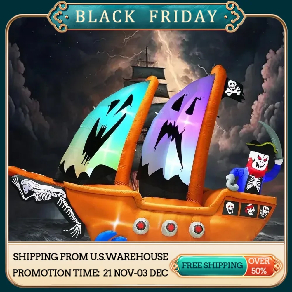 10FT Length Pirate Ship and Pirate Skeleton, Blow Up Pirate Ship Inflatables Built-in 5 LEDs and 4 RGB Lights for Halloween