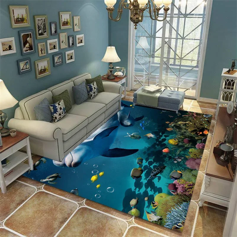 3D Ocean Rug for Living Room, Bedroom Carpet, Shark Table Carpet, Non-slip, Home, Lovely Floor Mat, Sea World, Children Rug