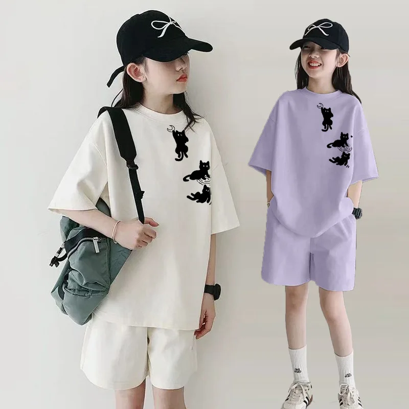 

2026 Summer new children set Girls Clothes sport tracksuit teenager cat print T-shirt + shorts hot pant 4 5 7 8 9 10 11 12 years