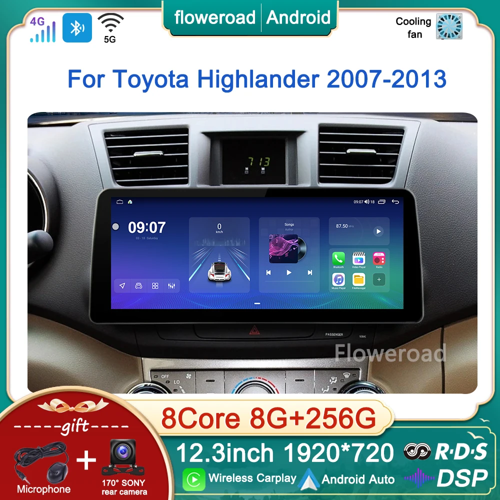 

Автомобильный радиоприемник 12,3 дюйма, мультимедийный плеер Android для Toyota Highlander 2007 2008-2013, GPS-навигация, стерео Carplay, автомобильный QLED экран