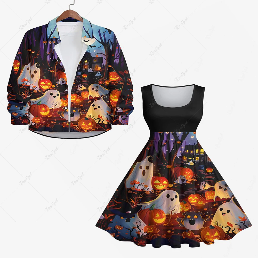 Plus Size Glitter Pumpkin Lantern Ghost Castle Tree Printed Halloween Costume Vintage Swing A Line Dress And Ombre Button Shirt