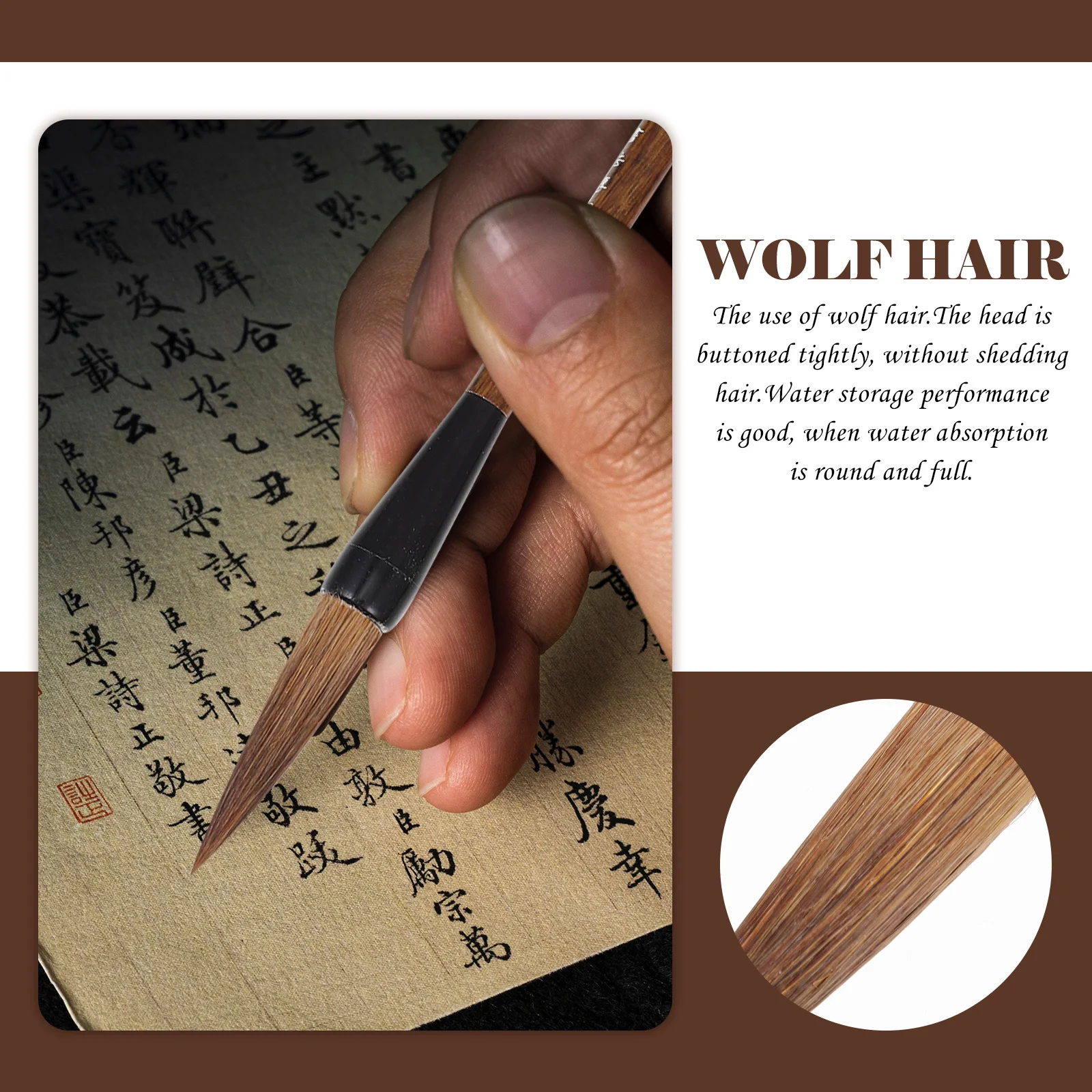 

3Pcs Pure Wolf Hair Chinese Calligraphy Brush Smooth Polished Comfortable Hold Practicing Calligraphy Traditional Writing Brush
