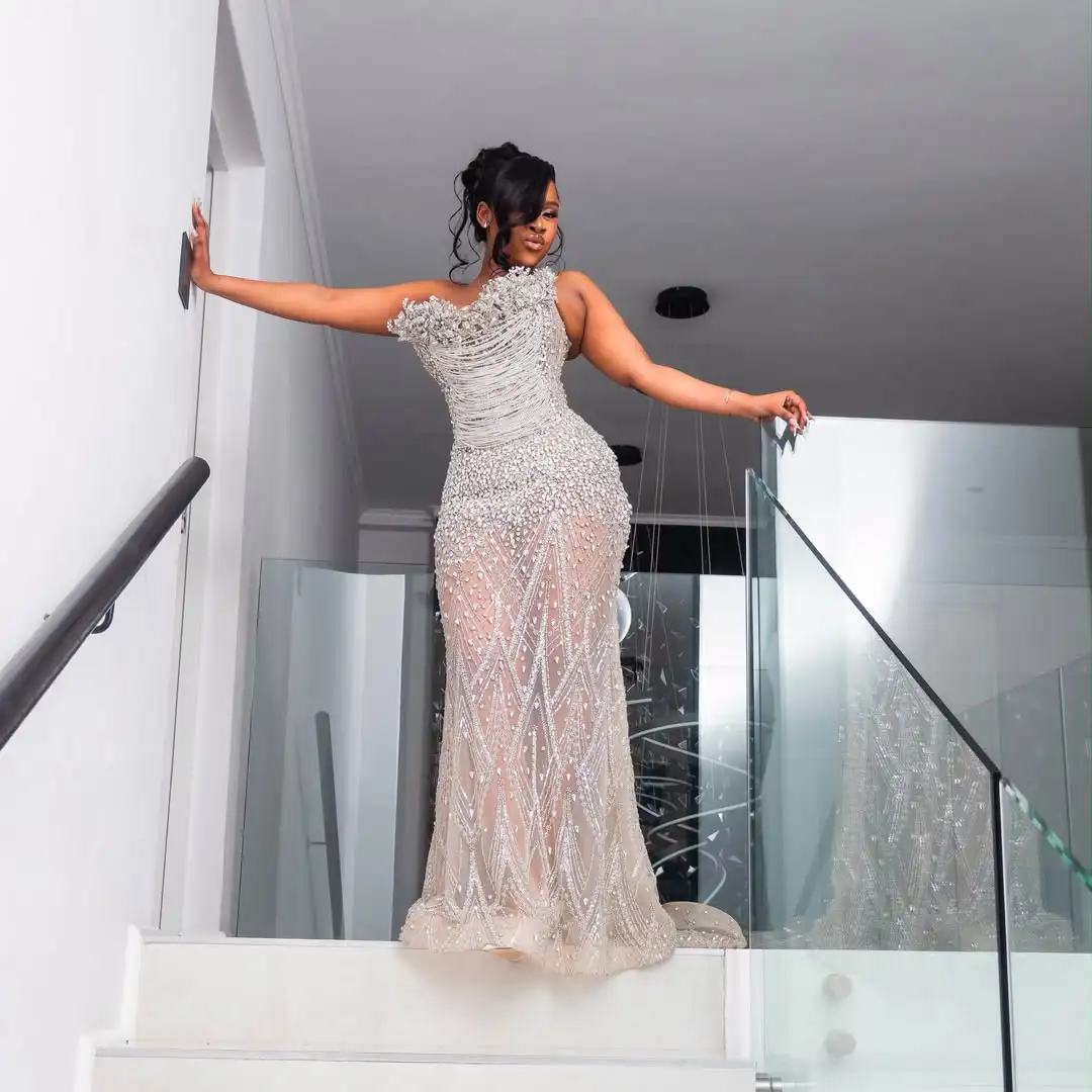 Glitter Diamond Stones Mermaid Prom Dress For Black Girls Aso Ebi Evening Party Gown Customized Long Birthday Robe De Soiree