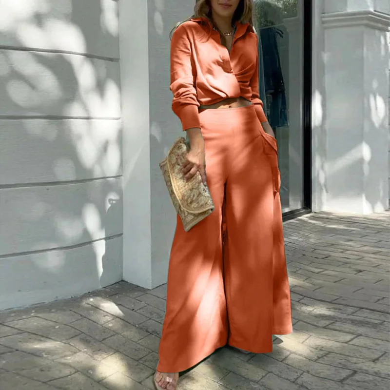 Summer Women's Suit V-Neck Long-Sleeved Shirt And Pants Sets Fashion Casual Wide-Leg Pants Lady's Two-Piece Set