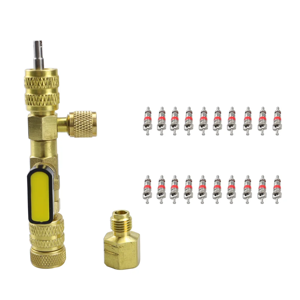 Valve Core Remover/Installer with Dual Size SAE 1/4 5/16 Port Air Conditioning Line Repair Tools for HVAC R32 R410A