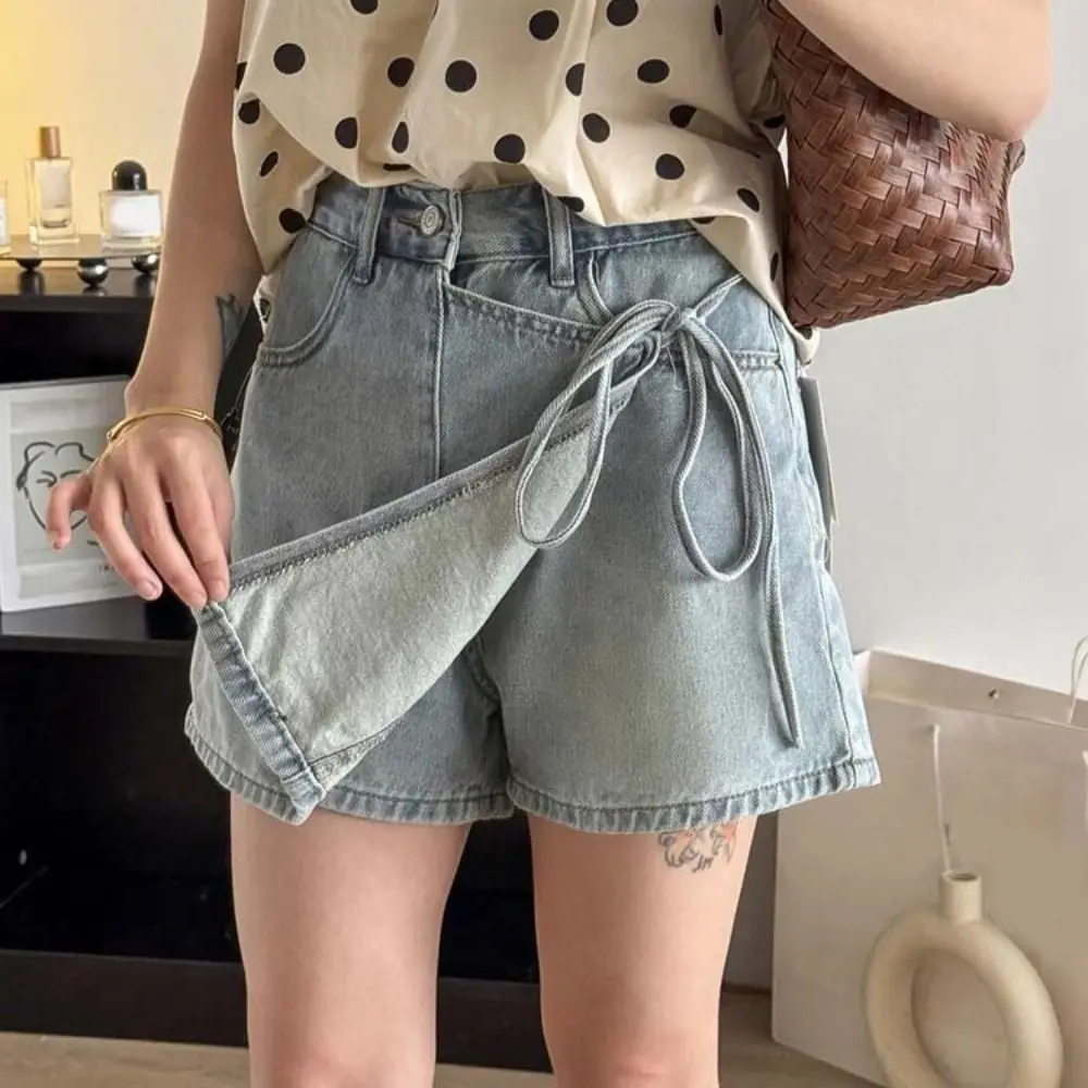 Lace-up A-line Skirt Shorts Wide Leg Y2K Fake Two-piece Skirt Spicy Girl Style High Waist Baggy Blue Jeans Skirt Spring Summer