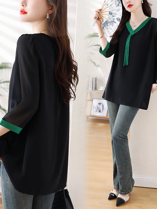 Nieuwe 2025 plus Size Losse Chiffon T-shirt irt vrouwen Vlees Verbergen Afslanken Faion V-Ne Kleur Blo ort Sve Top