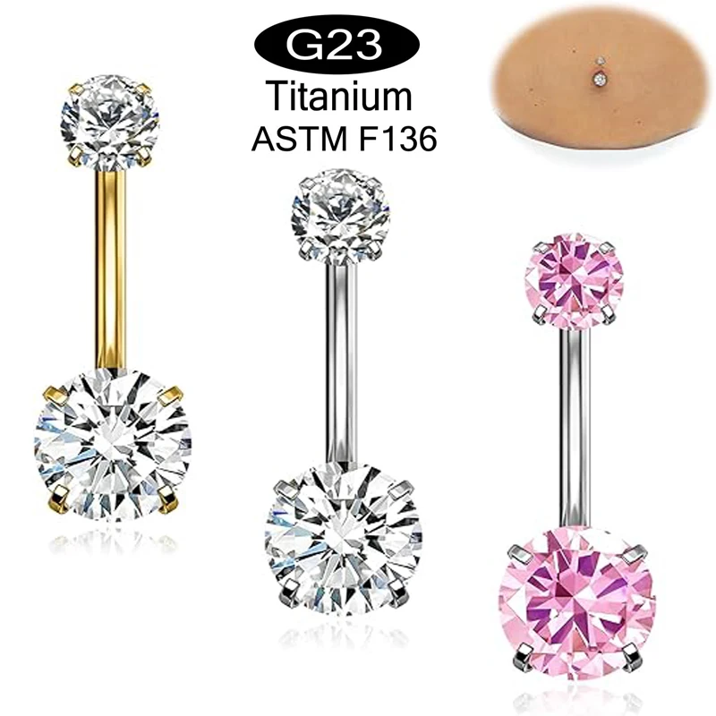 1PC G23 Titanium Belly Button Rings 14G Round Cubic Zirconia Navel Rings 2 Sizes of Length to Choose Barbell Piercing Jewelry