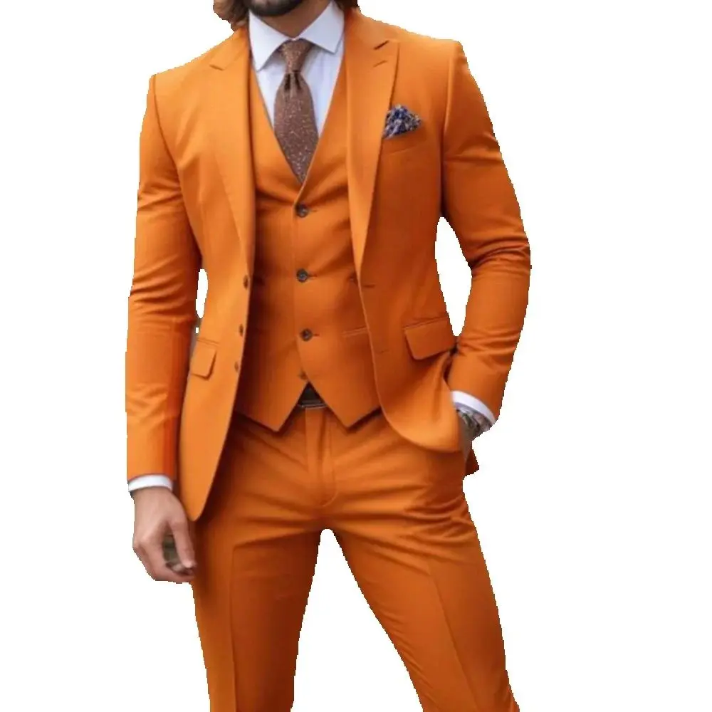 Fashion Orange Men Suits 3 Piece Jacket Pants Vest Male Clothing Elegant Single Breasted Peak Lapel Blazer Costume Homme