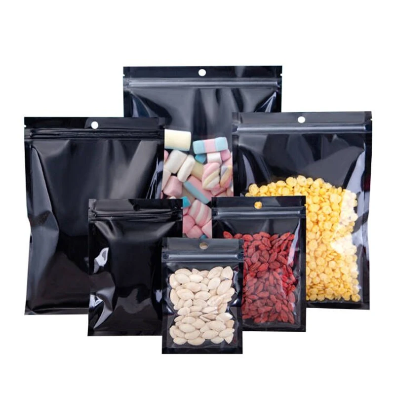 StoBag 100 stücke Schwarz Lebensmittel Verpackung Ziplock Tasche Aluminium Folie Hängen Loch Versiegelt Lagerung für Tee Nüsse Snack Candy