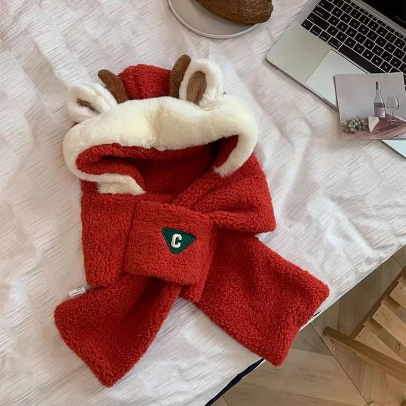 Deer Antler Christmas Gift with Red Plush Hat Scarf Gloves Proof Ear Protection Winter Kawaii Animal Aesthetic Earflap Cap Y2k