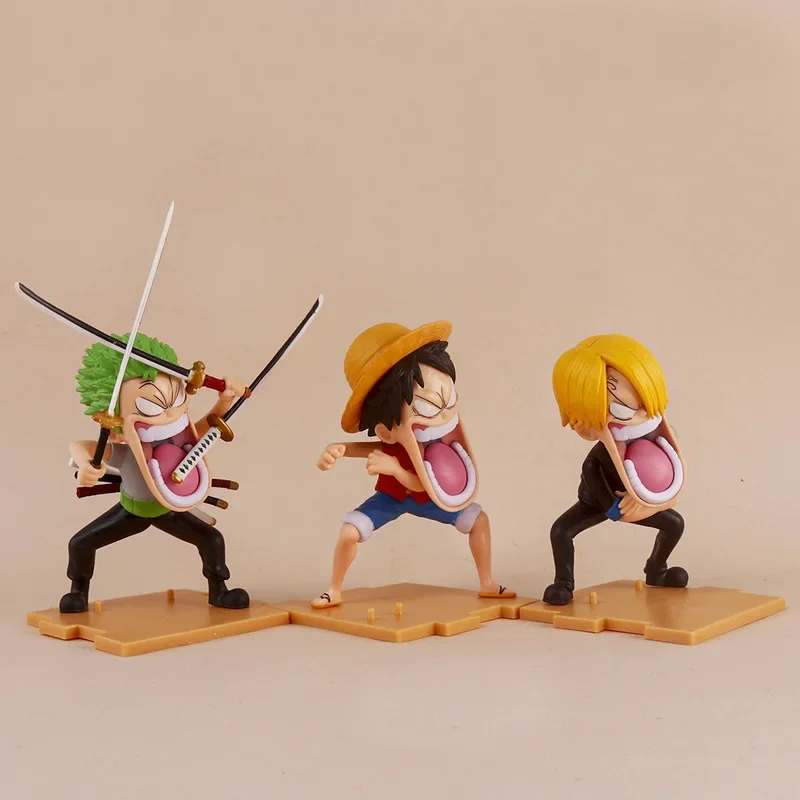 3ชิ้นตุ๊กตาขยับแขนขาได้หนึ่งชิ้นอนิเมะ luffy Zoro Sanji figuras ของเล่นหุ่นตัวการ์ตูนรูปปั้นพีวีซีเครื่องประดับโมเดลของขวัญสำหรับเด็ก