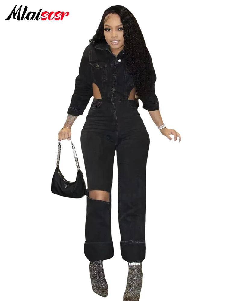 Mlaiscsr Hole Hollow Out Black Cargo Jumpsuit Women‘s One Pieces Overalls Long Sleeve Stretch Denim Romper Birthday Club Monos