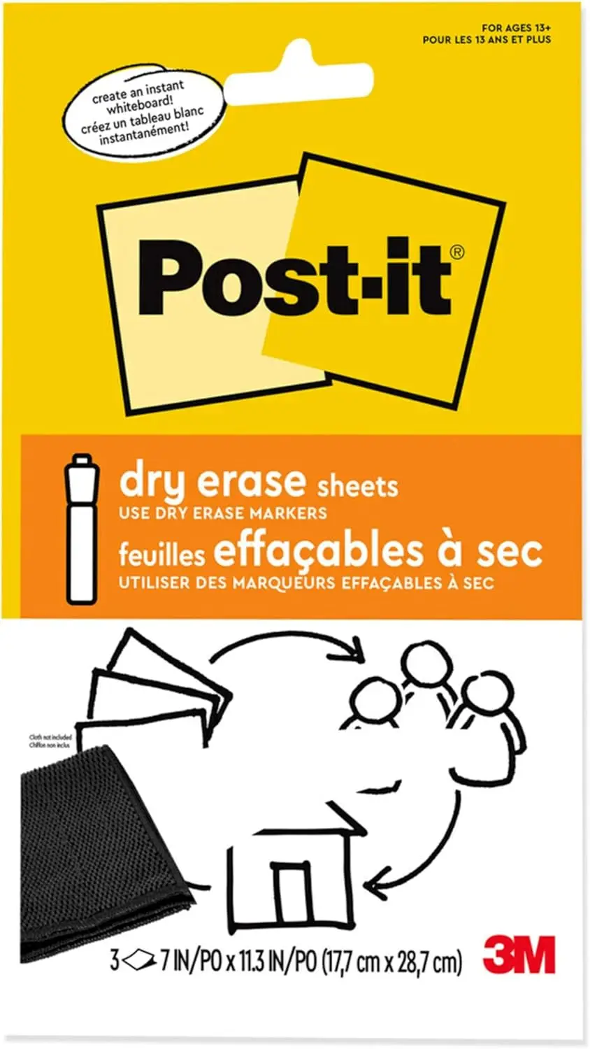 

Dry Erase Sheets, 7x11.3 Inches, 3-Pack, Sticks Securely and Removes Cleanly for Easy Use