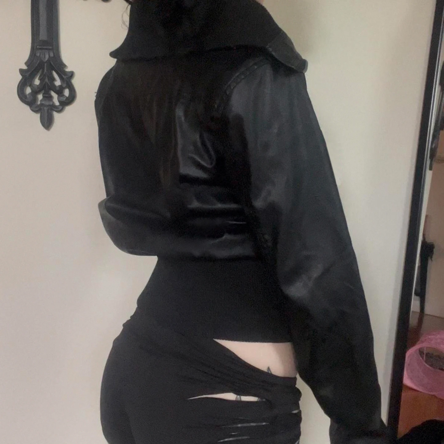 Women's Black Faux Leather Er Jacket Y2K Zip Up Motorcycle Biker Coat Slim-Fit Streetwear Punk Gothic Spring Fall Outerwears