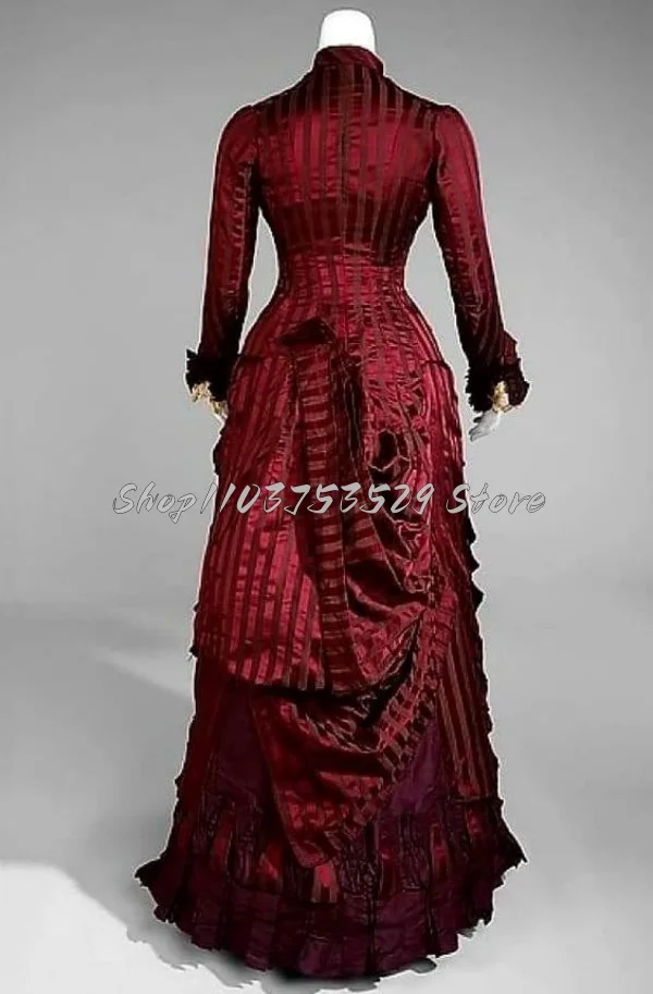 Vintage Burgundy Victorian Wedding Dress Classic Gothic High Neck Long Sleeve Corset Button Tie Ruffle Role Play Party Dresses