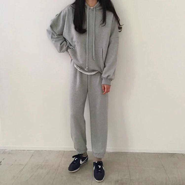 Korean Style Winter Woman Clothes Set Long Loose Fleece Hoodies Elastic Waist Long Trousers Twinset Female Thick Warm Pants Suit