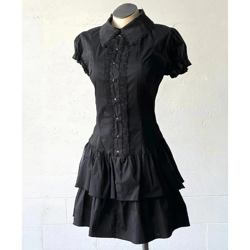 Vintage Lace Patchwork Shirt Dress Women Lolita Preppy Style Button Short Sleeve Dress Slim Harajuku Y2K Tiered Gothic Vestidos