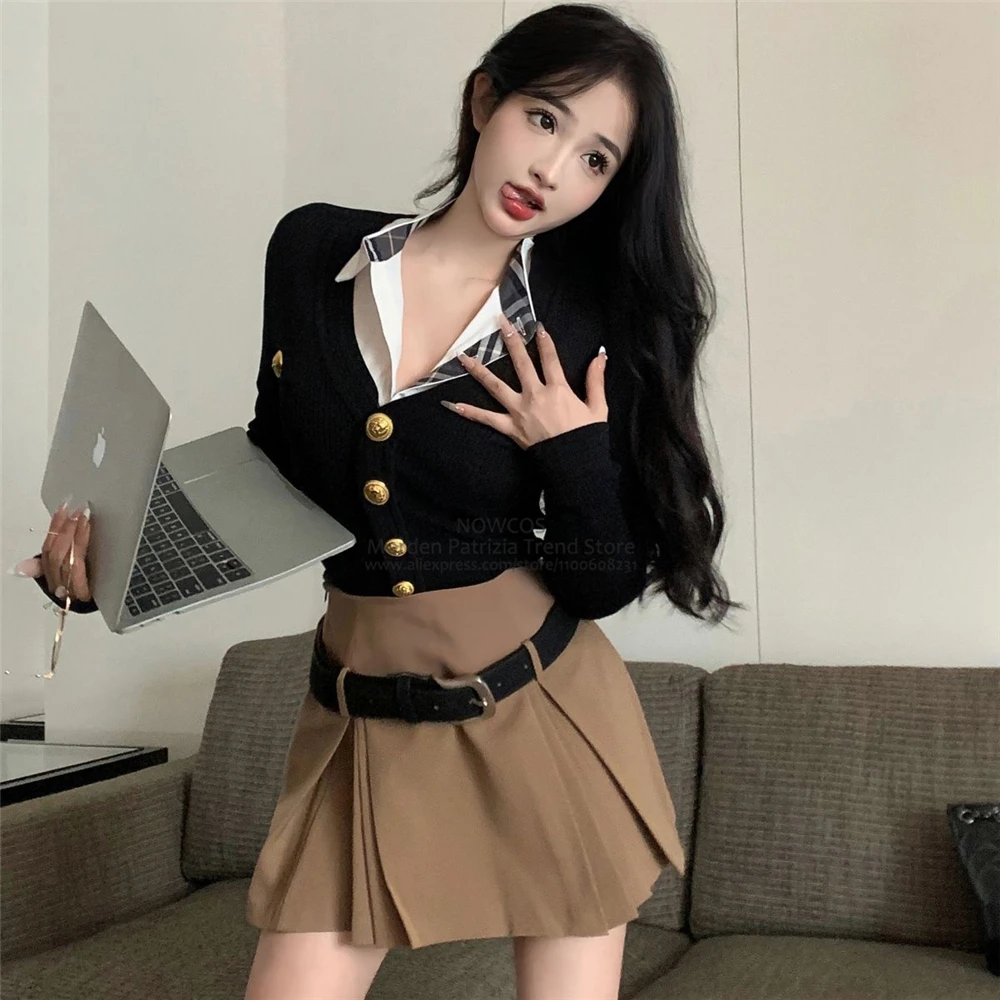 Korean American Style V-neck JK Uniform Set Daily Hot Girl Spring Autumn Knit Top High Waist Skirt Belt Full Set Long Sleeved