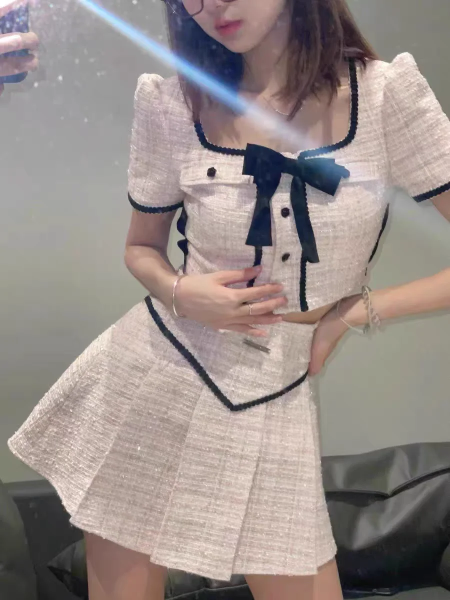 

Pink Square Collar Short Shirt Women Patchwork Mini Waisted Slim Pleated Skirt Sweet Two Pieces Set French Elegant Streetwear