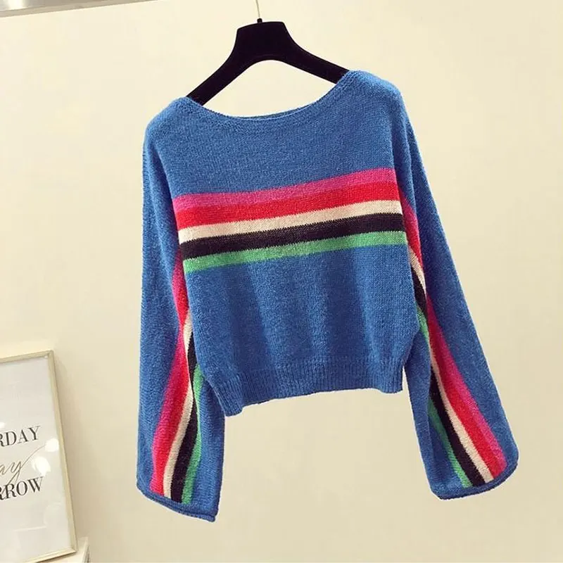 Women\'s Clothing Color Striped Jumpers Casual Loose Spring Summer Thin Round Neck Korean Long Sleeve All-match Knitted Sweaters