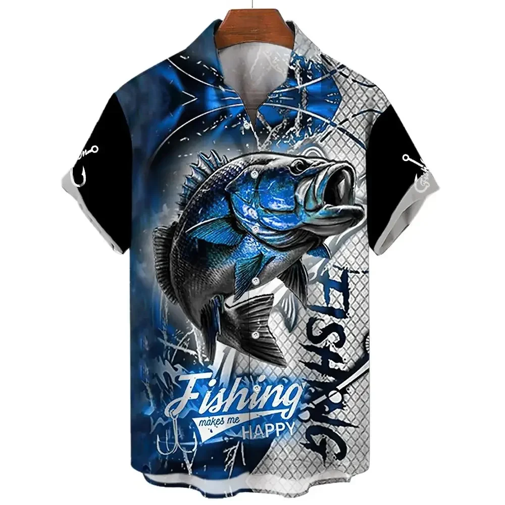 Camisa havaiana masculina estampada para pesca 3D, manga curta casual, camisas grandes e soltas, tops de rua diários, roupas unissex, verão