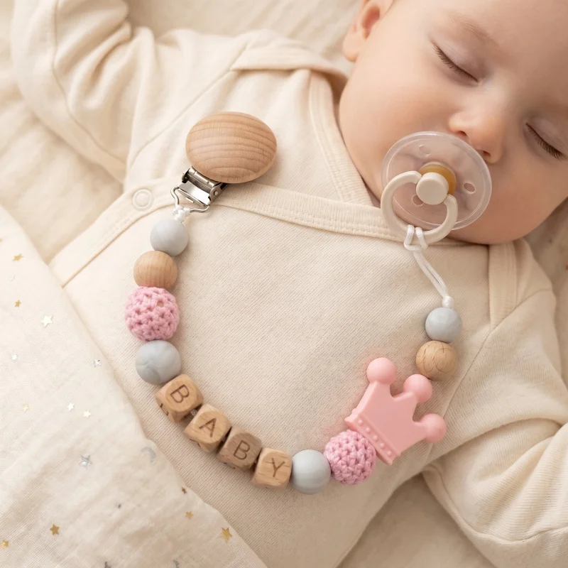 

Personalized Name Pacifier Clip Silicone Beads Crown Teether Holder BPA Free Baby Dummy Chain Custom Soother Strap Shower Gift