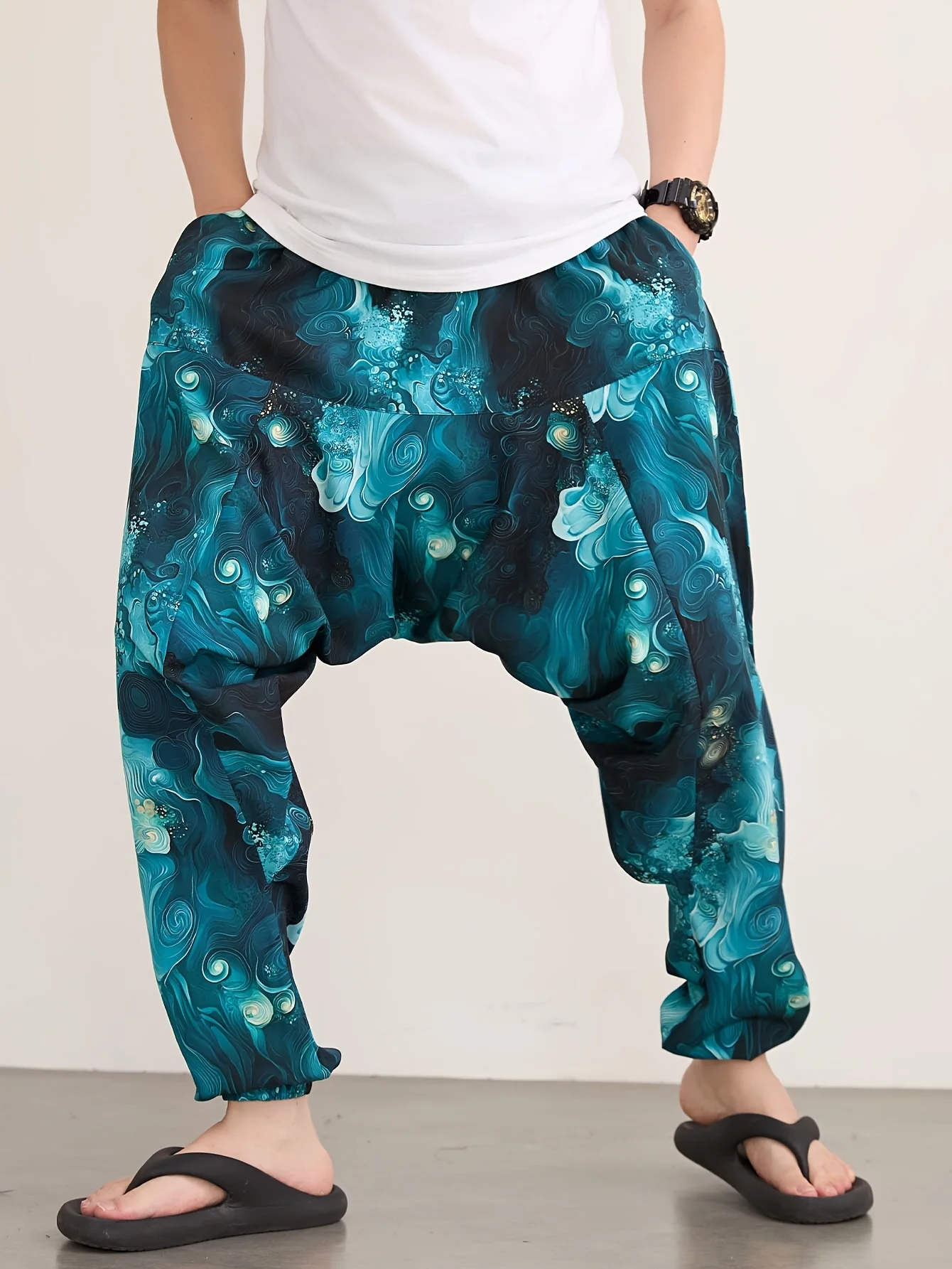 

Men's loose jogging pants - casual harem pants with elastic waistband, drawstring, and pockets, designed in blue and black