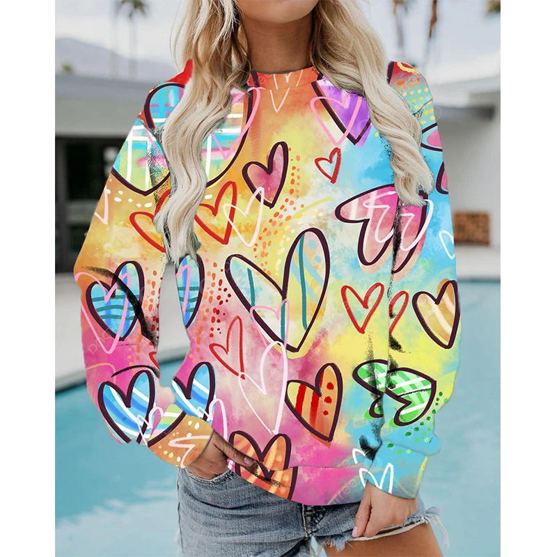 Colorful Heart Pattern Graffiti Art Love 3D Print Sweatshirts Women Long Sleeve Hoodies Streetwear Pullovers Top Female Clothing