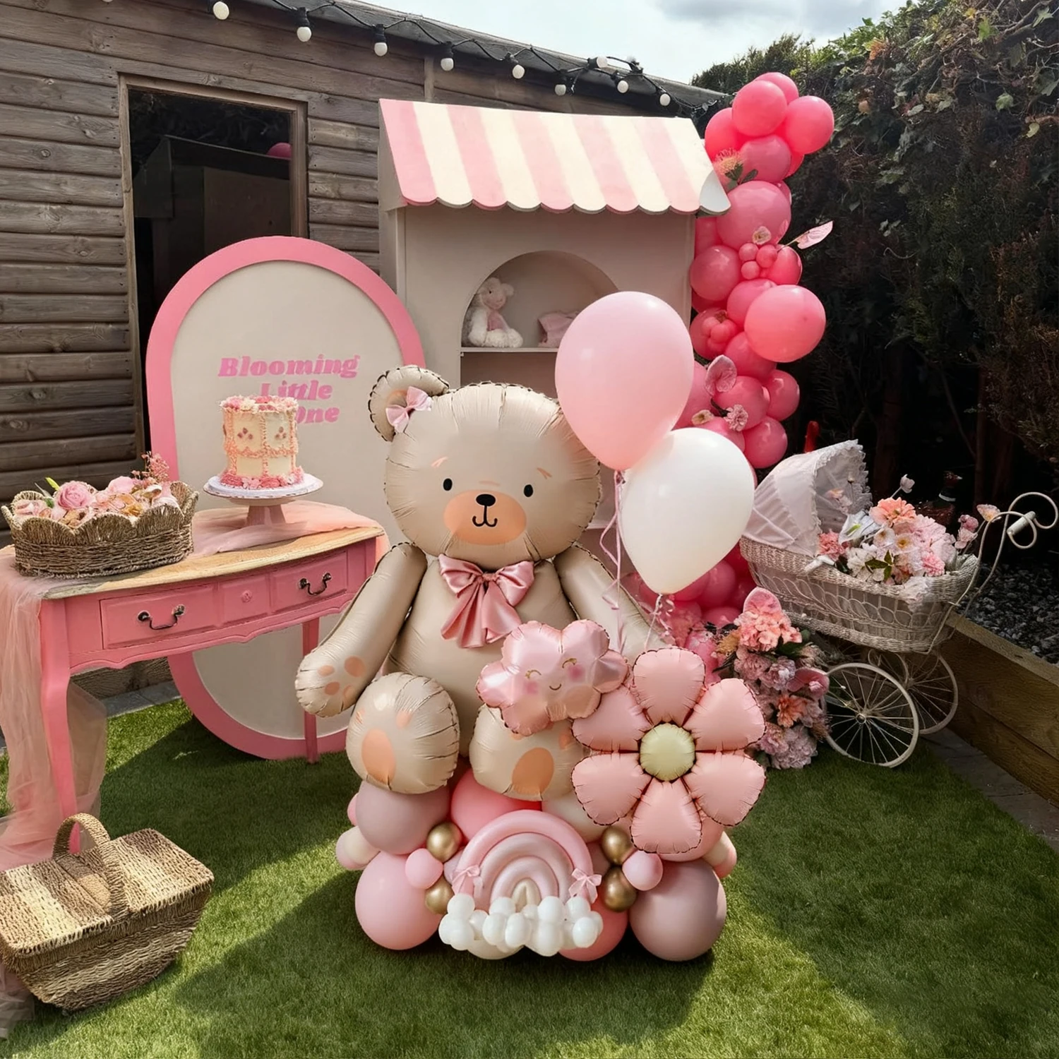 Juego de globos de oso con lazo y globo de Margarita rosa, globo de película de aluminio de nube para fiesta de cumpleaños, propuesta de ducha, decoración de boda