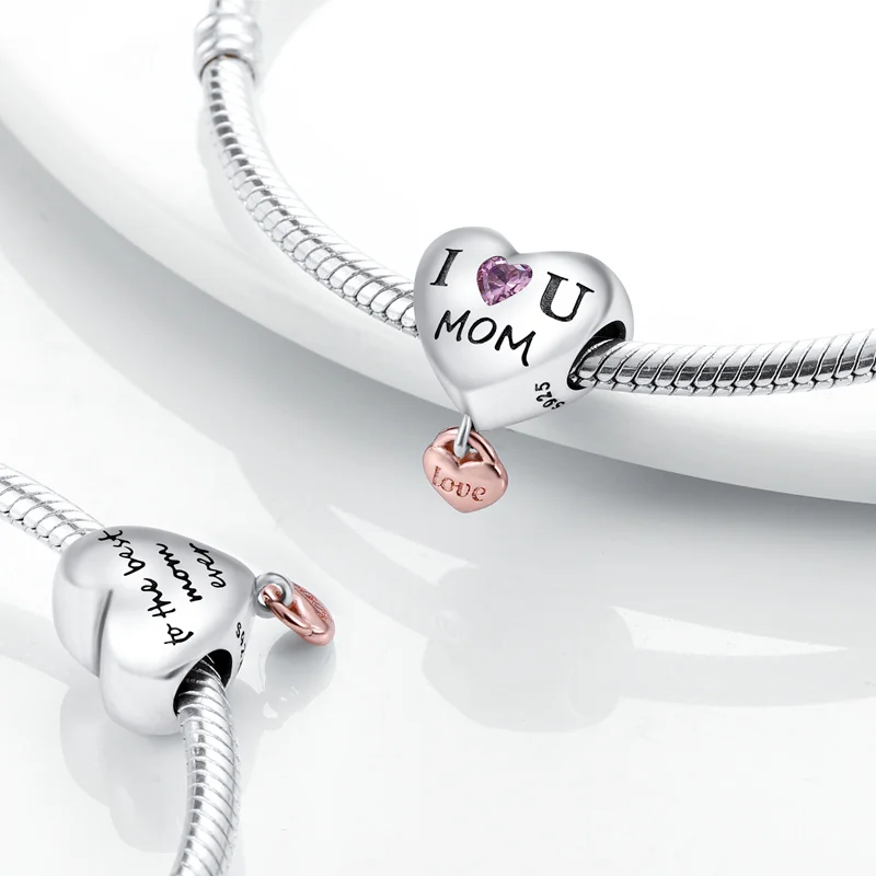 Original 925 Sterling Silver Mom I Love You Heart Charms Beads Pendants Fit S925 Bracelet Necklace Fine DIY Mother's Day Jewelry image 2