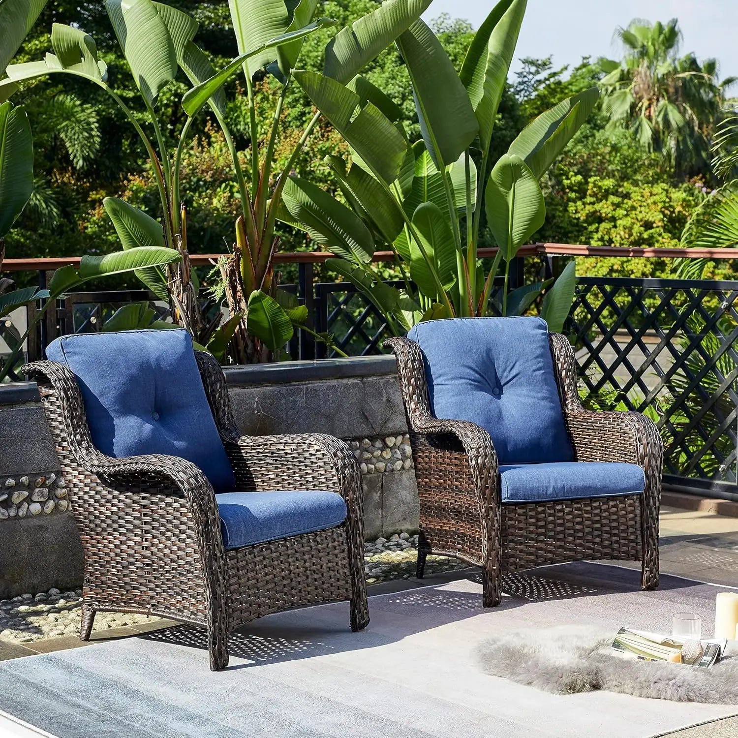 One set of two outdoor wicker terrace chairs: rattan dining chair, porch chair, high back deep seated outdoor club chair