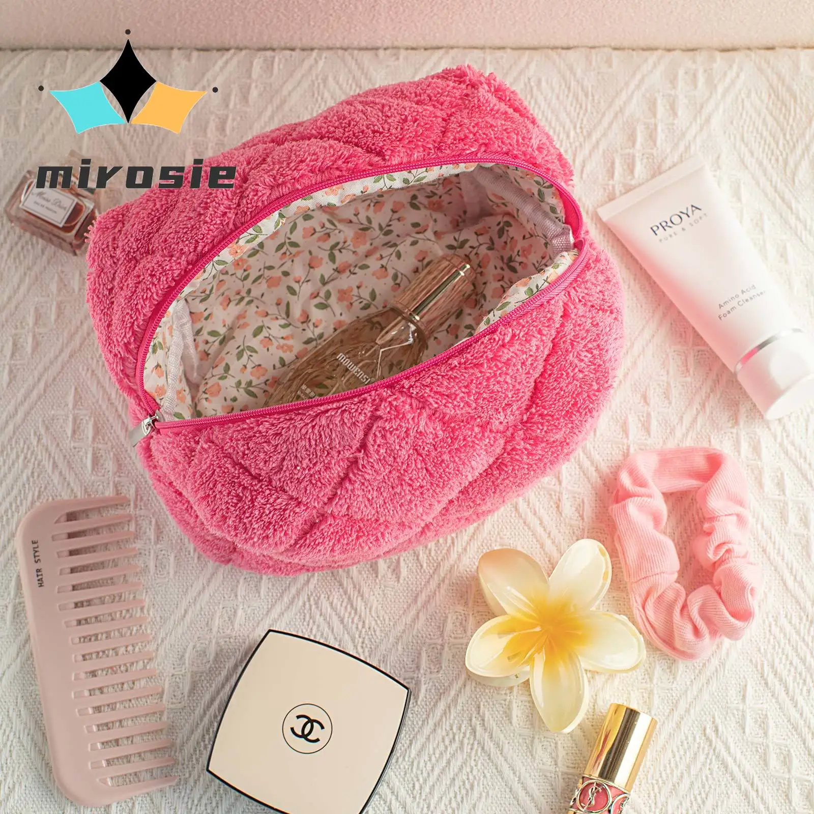 MIROSIE Fashion Fluffy Makeup Bag Travel  Portable Large Capacity Wash Bag Cosmetic Skin Care Product Storage Bag Pouch Rose Red