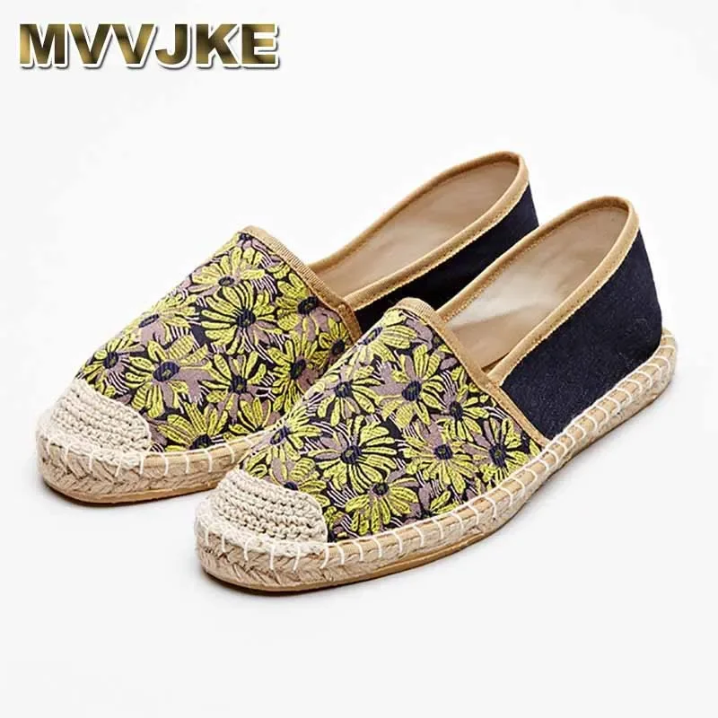 MVVJKE Fashion Ethnic Casual Espadrilles Flat New Women Sunflower Printed Embroider Slip on Fishermen Hemp Rope Shoe